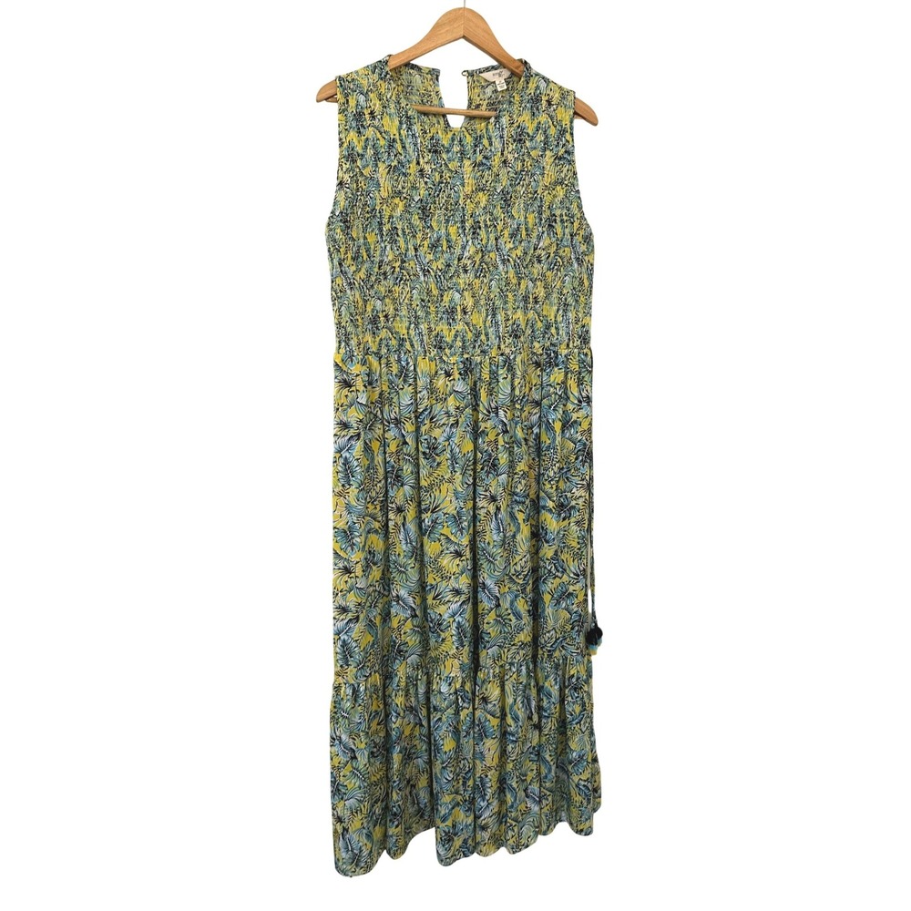 Terra & Sky Womans 1X Yellow Blue Tropical Leaf Smocked Tiered Maxi Dress Vacay
